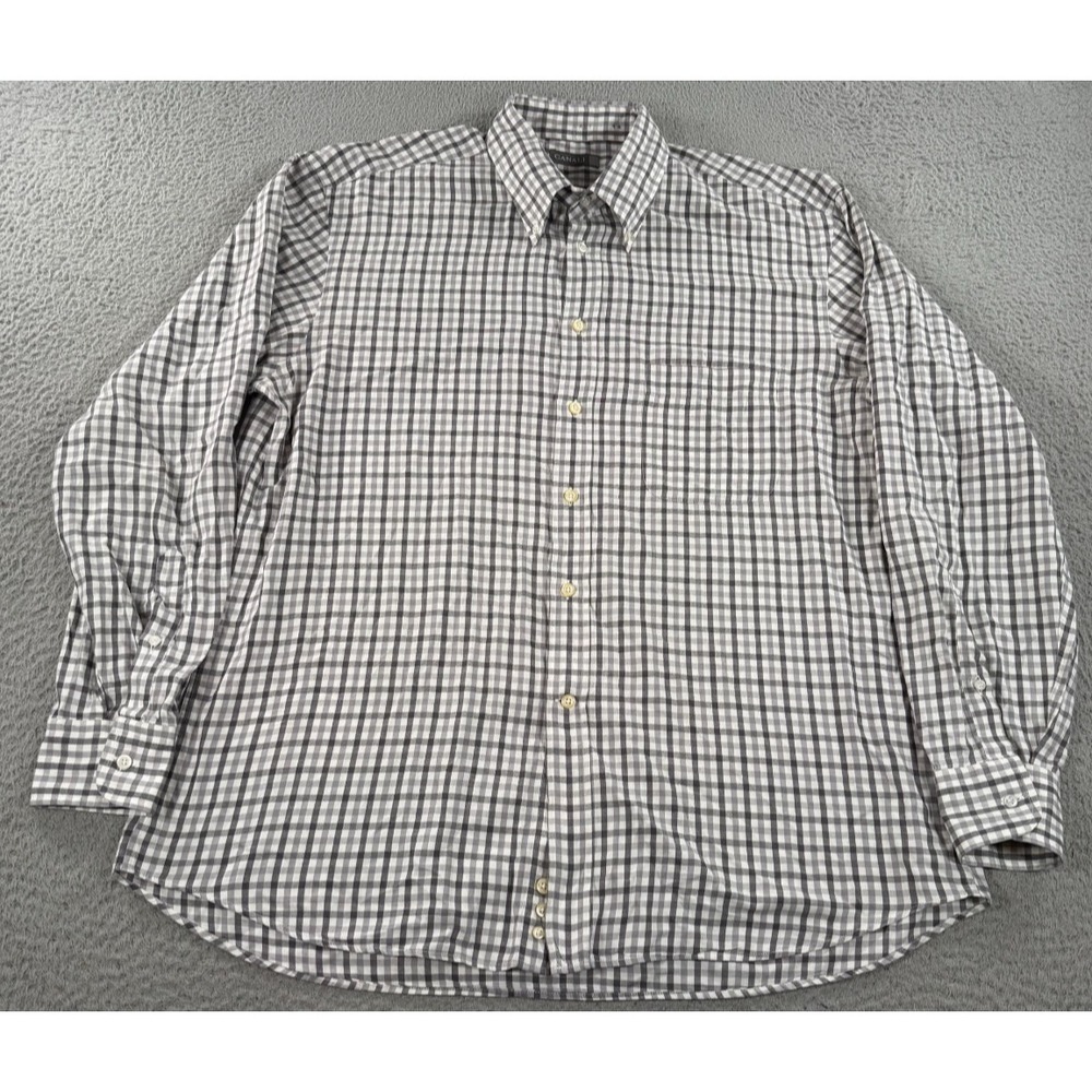 Canali Shirt‎ Mens XL White Gray Gingham Plaid Long Sleeve Button Down Pocket